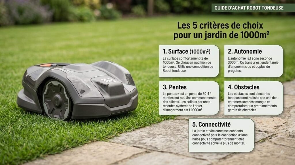 Robot tondeuse sans fil périphérique 1000m2 : top 4 vérifiés 2027 4 Les 5 critères de choix pour un jardin de 1000m²