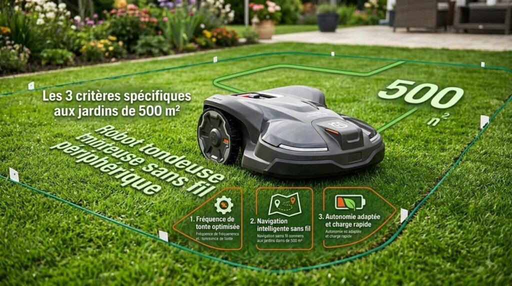 Les 4 meilleurs robots tondeuses sans fil périphérique pour 500 m² 1 Les 3 critères spécifiques aux jardins de 500 m²
