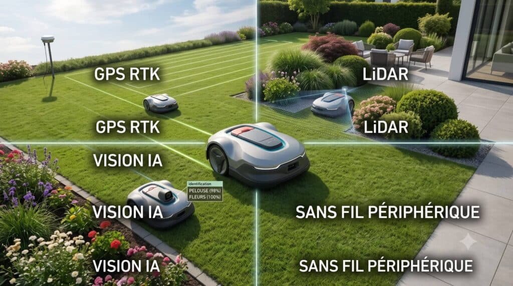 Top 5 Robot Tondeuse Sans Fil Périphérique 2027 — Testés & Comparés 1 Infographie comparative en 4 zones des technologies GPS RTK, LiDAR et Vision IA pour robots tondeuses sans fil.