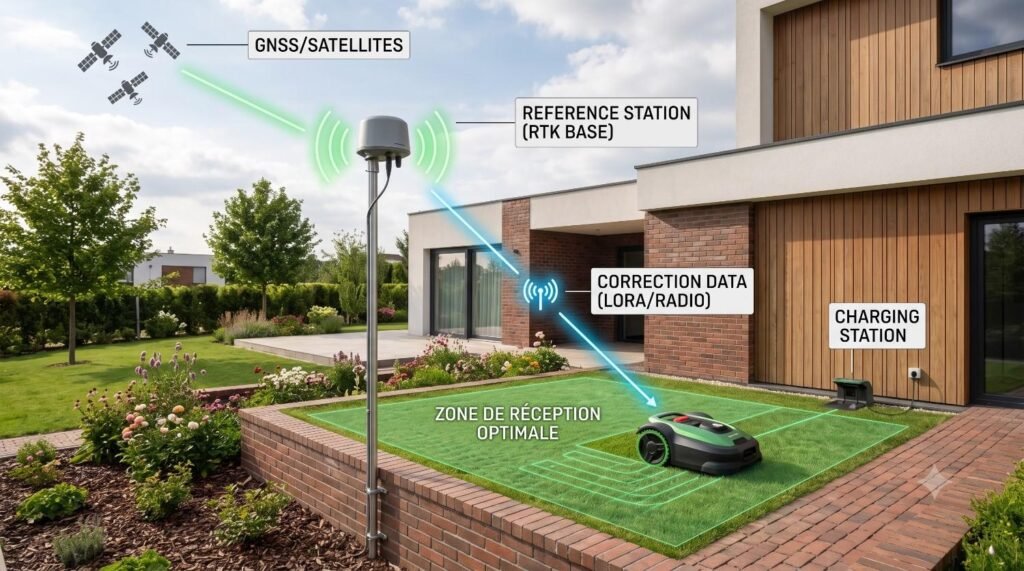Top 5 Robot Tondeuse Sans Fil Périphérique 2027 — Testés & Comparés 8 Schéma d'installation antenne de référence RTK pour robot tondeuse sans fil, montrant vue dégagée du ciel.